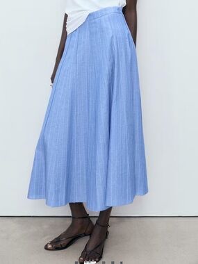 Mango Blue Pinstripe Flared Maxi Skirt STRIPED LINEN-BLEND SKIRT 3276